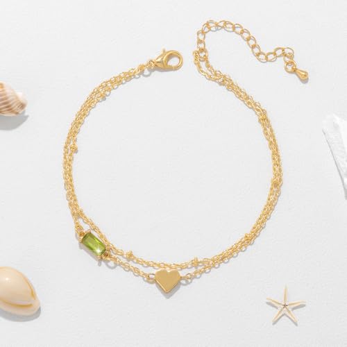 Birthstone Anklet with Heart Charm Layer Ankle Bracelet for Women, 14K Gold Plated Adjustable Chain Stackable Trendy Jewelry Gift for Her, Mom, Friend, Wife - style: 8-August