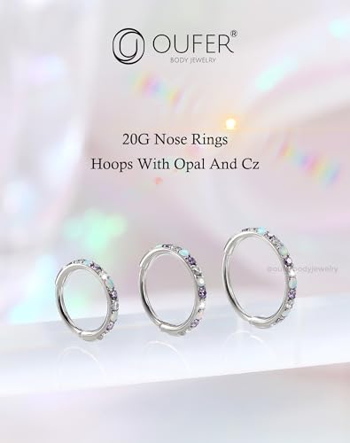 OUFER Opal and CZ 20G Nose Rings Hoops, 316L Surgical Steel Hinged Segment Nose Piercing Jewelry, Septum Lip Eyebrow Rings Cartilage Conch Rook Helix Tragus Daith Earrings For Women and Men-6/7/8MM - color: Purple CZ