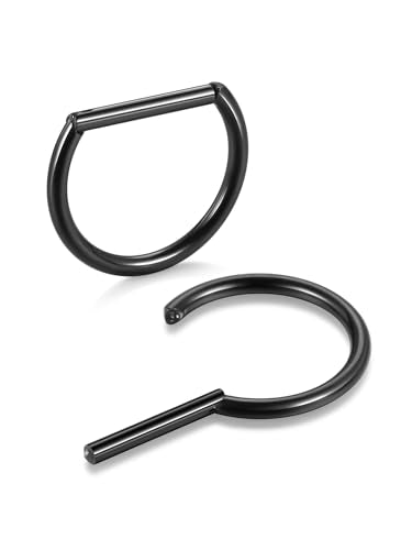 Oveta Titanium D Shaped Nipple Rings 14G for Nipple Piercing Jewelry Higned Segment Clicker Cartilage Hoop Earring 12mm 14mm 16mm for Women Men, Silver/Gold/Black, 2PCS - color: Black, size: 12mm Bar