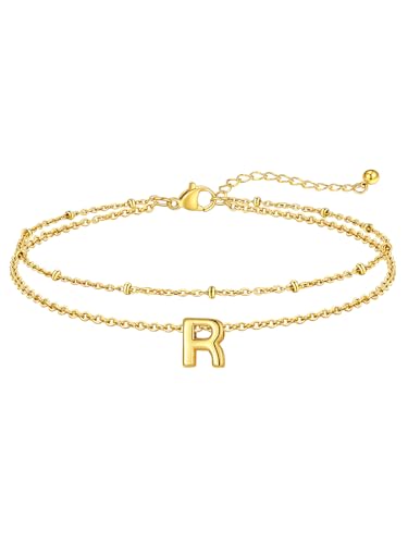 FaithHeart Initial Ankle Bracelets for Women, Waterproof 14k Gold Plated Initial Anklets Non Tarnish Stainless Steel Cute Layered Anklet Summer Beach Jewelry - color: Gold, size: Initial R