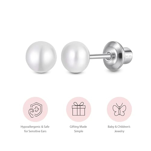 Pearl Screw Back Stud Earrings, 925 Sterling Silver Hypoallergenic - color: White, size: 5mm-Large