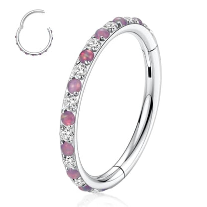 GAGABODY Surgical Steel Hypoallergenic Nose Ring Earring CZ Hoop for Unisex | Hinged Seamless Clasp,Used in Nostril,Septum,Lip,Eyebrow,Nipple and All Ear Piercings.22G to 12G,Inner Diameter 5mm to 14mm - color: Silver+Clear CZ & Purple Opal, size: 16G-6mm