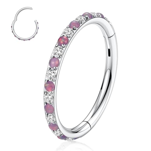 GAGABODY Surgical Steel Hypoallergenic Nose Ring Earring CZ Hoop for Unisex | Hinged Seamless Clasp,Used in Nostril,Septum,Lip,Eyebrow,Nipple and All Ear Piercings.22G to 12G,Inner Diameter 5mm to 14mm - color: Silver+Clear CZ & Purple Opal, size: 16G-12m