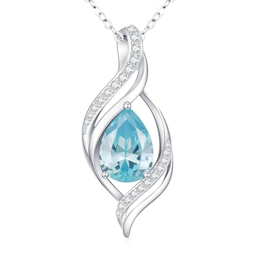 Birthstone Necklace for Women S925 Sterling Silver Teardrop | With Cubic Zirconia and Gemstones - Ideal Birthday Jewelry Gift for Her, Girlfriend, Wife, Mom on Birthday, Anniversary - color: 03 - Aquamarine
