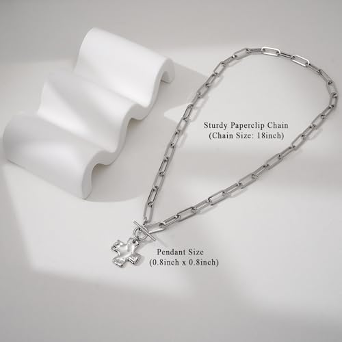 Bheop Chunky Cross Necklace for Women, 14K Gold Silver Statement Necklace | Sturdy Paperclip Chain, Hammered Pendant, Vintage Charm, Trendy Costume Jewelry, Faith Christian Religious Gift, Non Tarnish - style: SL-Toggle Necklace(0.8 inch Pendant)