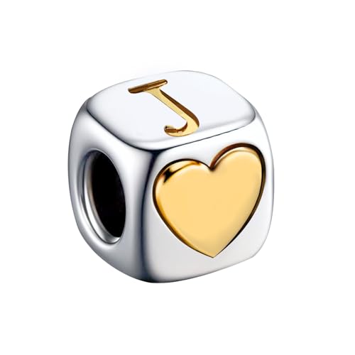 KunBead Initial A-Z Letter Gold Heart Alphabet Love Bead Birthday Charms Compatible with Pandora Charm Bracelet for Women - style: Letter J