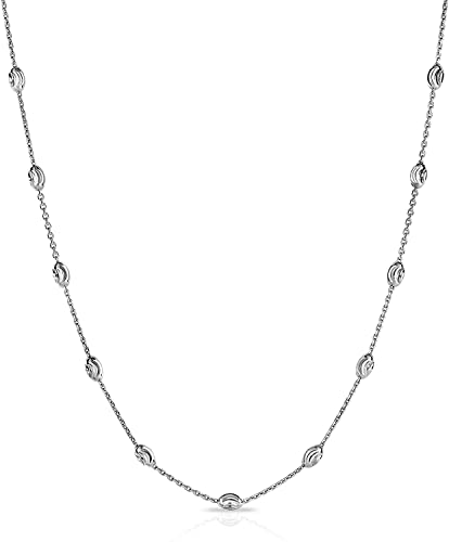 Savlano 18K Gold Plated Over 925 Sterling Silver Station Oval Moon Bead Necklace Chain For Women. Silver, Gold, Rose Gold - Made in Italy Comes With a Gift Box - style: Silver