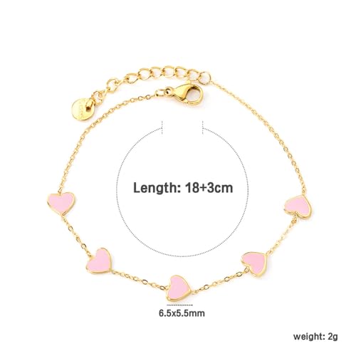 Cute Heart Charm Link Chain Bracelet for Women Dainty Stainless Steel Gold Plated Colorful Enamel Love Heart Adjustable Bracelets Fashion Jewelry for Bff Daughter Her - color: Pink
