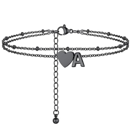 Initial Ankle Bracelets for Women, Dainty Stainless Steel Letter A-Z Layered Anklets, Heart Ankle Bracelet 8.5"-10.5" Adjustable, Summer Beach Jewelry, Come with Box - color: Black, size: A