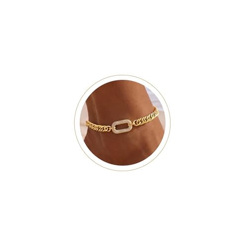 Moodear Gold Ankle Bracelets for Women Waterproof,14K Gold Plated Anklets | Waterproof, Non Tarnish Cuban Link Anklets, Trendy Jewelry Accessories for Summer Vacation, Beach Gifts for Women - style: Cuban CZ Paperclip
