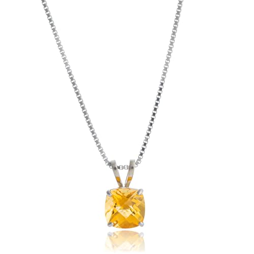MAX + STONE 925 Sterling Silver Cushion Cut Birthstone Necklace for Women | 6mm Hypoallergenic Solitaire Necklace | Gemstone Pendant Necklaces with 18 inch Box Chain - color: Citrine