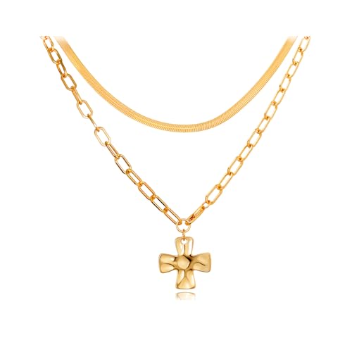 Chunky Cross Necklace for Women,Gold Silver Layered Hammered Cross Pendant Necklace Statement Paperclip Toggle Charm Chain Herringbone Snake Choker Christian Jewelry Outfit Accessories - color: BGold Set