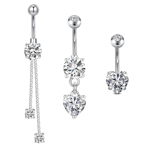 QWALIT Belly Button Rings 14G Surgical Steel Belly Rings CZ Opal Navel Piercing Jewelry for Women Girls 3/8" 10mm Silver Rose Gold - color: A16-3pcs-silver