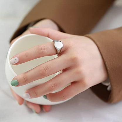 Promise Rings for Women Stainless Steel,Oval Signet Polished 12MM Ring for Women Silver/Gold Engagement Rings for Women - color: Silver