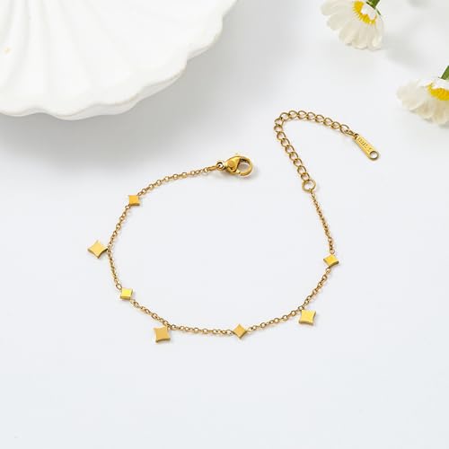 Dainty Gold Anklets for Women Stainless Steel Simple Ankle Bracelets Summer Beach Foot Chain Jewelry Gift - color: Rhombus