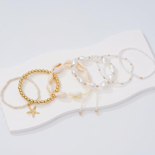 LALAPPLE Shell Bracelet Boho Beaded Stretch Bracelets for Women Seashell Strand Bracelets Starfish Charm Jewelry Summer Beach Jewelry Stackable Crystal Gold Plated Beads Bracelet for Women - style: B-beaded shell bracelet