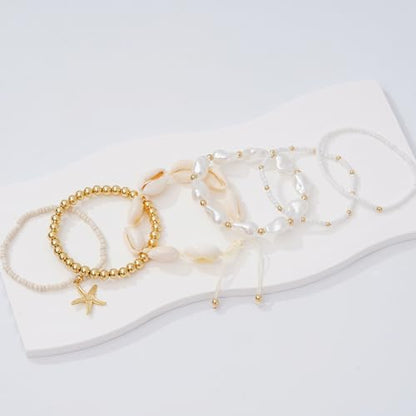 LALAPPLE Shell Bracelet Boho Beaded Stretch Bracelets for Women Seashell Strand Bracelets Starfish Charm Jewelry Summer Beach Jewelry Stackable Crystal Gold Plated Beads Bracelet for Women - style: B-beaded shell bracelet