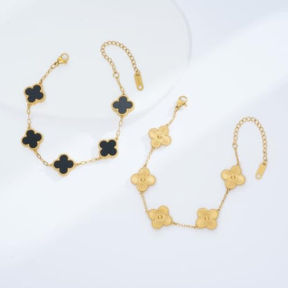 Waterproof Four-Leaf Clover Bracelet,Adjustable Link Double Sided Jewelry, Lovely Fashion Jewelry Gift for Women - color: Gold Bracelet +Black Bracelet
