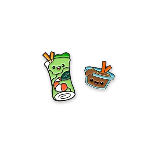 Enamel Pin Set (2 Pins Per Set) for Backpack, Bag, Lapel, Noodles, Food, Kawaii Button Collector - style: Spring Roll & Peanut Sauce