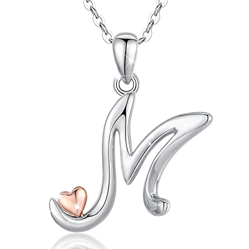 CELESTIA 925 Sterling Silver Initial Necklaces 26 Letter with Rose Gold Heart - 18 Inch Chain - color: M-Initial