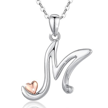 CELESTIA 925 Sterling Silver Initial Necklaces 26 Letter with Rose Gold Heart - 18 Inch Chain - color: M-Initial