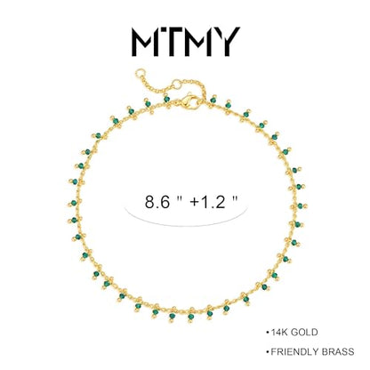 Gold Anklets for Women 14K Gold Plated Tiny Bead Anklet Colorful Tassel Foot Chain Dainty Adjustable Cute Summer Beach Boho Anklets Jewelry Gift - color: green crystal