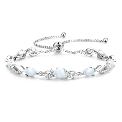 FANCIME Birthstone Teardrop Tennis Bracelet for Women, Sterling Silver 9x7mm main Gemstone Bolo Adjustable Chain Bracelet Fine Jewelry Birthday Gifts for Women Mom Wife Her - color: 10-Opal