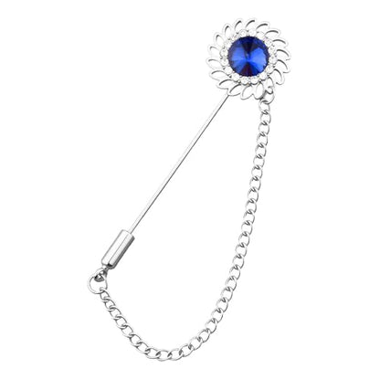 Mens Sunflower Lapel Pin Crystal Rhinestone Brooches for Men Hanging Chain Brooch Suit Pin Flower Lapel Pins for Men Wedding Business Party - color: Blue-J
