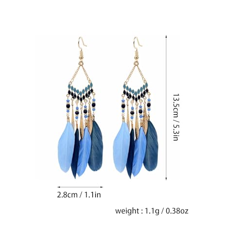 Faux Feather Fringe Tassel Long Dangle Earrings for Women | Bohemian Women Tassel Drop Jewelry - color: blue