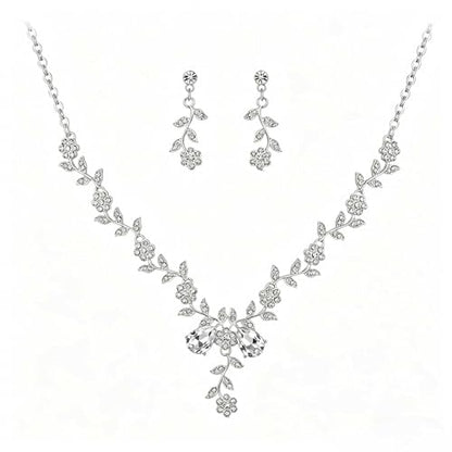 Kamirola Women's Wedding Jewelry Leaf Cluster Flower Crystal Dangle Earrings Pendant Necklace Set for BridalCrystal Bridal Jewelry Set - color: Silver