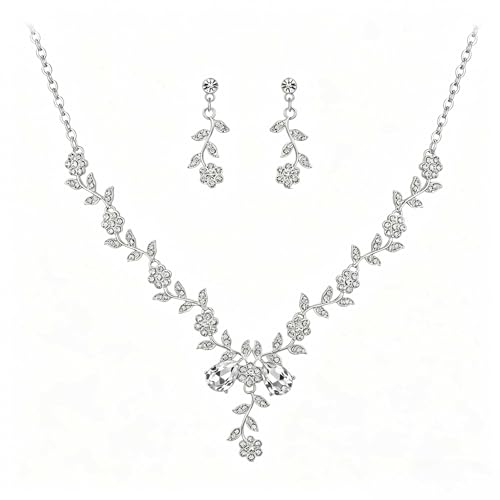 Kamirola Women's Wedding Jewelry Leaf Cluster Flower Crystal Dangle Earrings Pendant Necklace Set for BridalCrystal Bridal Jewelry Set - color: Silver
