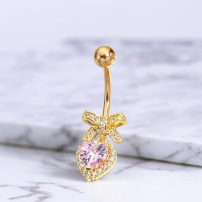 B BodyPJ Sparkles Peach Heart Bow Stainless Steel CZ Dangle Navel Piercing Barbell Belly Button Rings For Women - color: Gold+Pink CZ