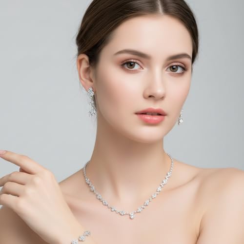 Silver Jewelry Sets for Women Rhinestone Necklace Dangle Earrings Bracelet Set Bridal Wedding Jewelry Sets for Brides Bridemaid Prom Costume Accessories Jewelry - style: Silver Jewelry Set style1