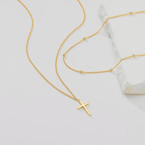 Poxtex Cross Necklace for Women Teen Girls, Dainty 14K Gold Silver Plated Cross Choker Jewelry Non Tarnish Waterproof Cute Simple Small Necklace Christian Baptism Religious Faith Jewelry Gifts - color: 08 Stack Cross CZ Necklace - Gold