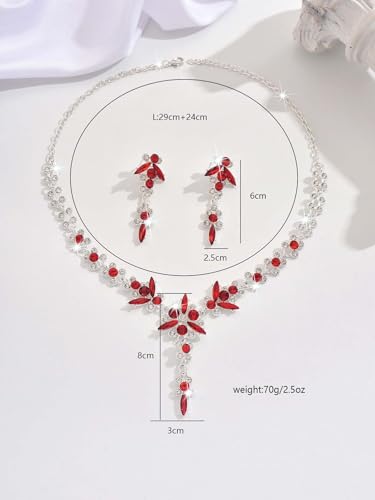 Wedding Jewelry Sets for Brides Rhinestone Necklace and Earring Set Bracelet Ring Gold Silver Prom Jewelry Sets Diamond Flower Teardrop Necklace for Women - color: Style5-Red