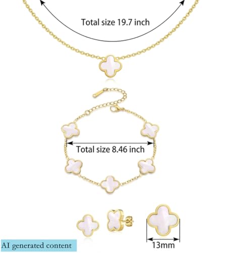 Clover Necklace and Bracelet Set + Four Leaf Clover Earrings, 18K Gold Plated Dainty Jewelry Gift for Women (Pearl White/Ocean Blue/Sweet Lilac) - color: Pearl White