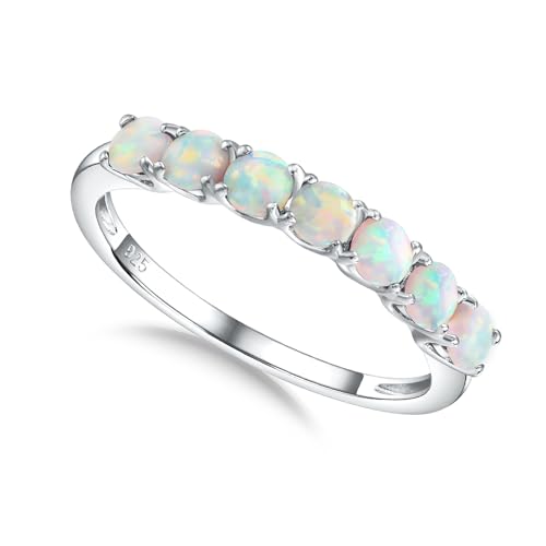 3.5mm Stackable Rings S925 Sterling Silver Created Birthstone & Cubic Zirconia Ring for Women Wedding Bands Anniversary Birthday Jewelry Size 6 to 10(with Box) - color: 10-Created Opal-Oct
