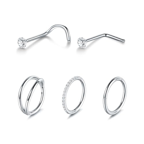 Xpircn 5pcs Hoop Nose Rings and L Shaped Nose Rings Stud Set 18G/20G Stainless Steel CZ Helix Conch Daith Tragus Cartilage Hoop Earrings for Women 6mm 7mm 8mm 10mm - color: Silver, size: 20G, 6mm hoop & 7mm studs