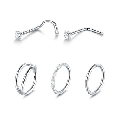 Xpircn 5pcs Hoop Nose Rings and L Shaped Nose Rings Stud Set 18G/20G Stainless Steel CZ Helix Conch Daith Tragus Cartilage Hoop Earrings for Women 6mm 7mm 8mm 10mm - color: Silver, size: 20G, 6mm hoop & 7mm studs