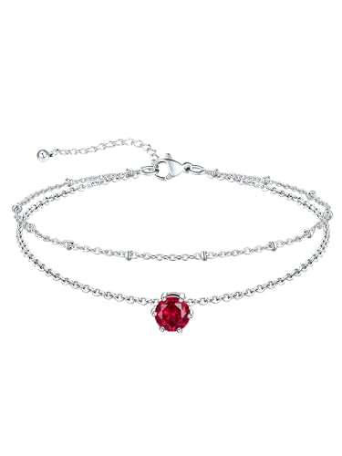 U7 Silver Ankle Bracelet for Women, Waterproof Layered Ankle Round Gem Birthstone Anklets, Summer Beach Foot Jewelry, Adjustable 8.5"-10.5" - color: 07.July-Ruby Red