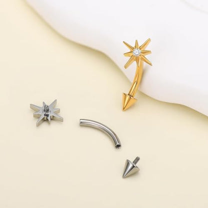 1PC Titanium Rook Piercing Jewelry 16G 8mm, ASTM F136 Curved Barbells Eyebrow Rings, Internally Threaded Screw on - color: North Star-Tit