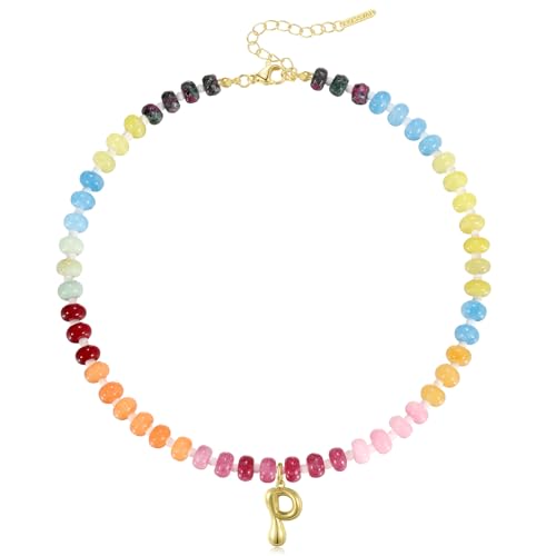 KissYan Initial Necklaces for Women, Colorful Beaded Gemstone Choker 14K Gold Bubble Letter Pendant Necklace Natural Stone Summer Beach Handmade Jewelry Gift - color: Red, style: Letter P