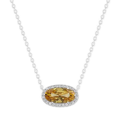 Belacqua Gemstone Necklace in Sterling Silver,Halo Pendant with Accent, Oval Cut 6 * 12mm, 15" Cable Chain with 2" Extender, Spring Ring Clasp, Dainty Birthstone Necklace for Women, Gift Box Included - color: 11-November-Citrine Amber Brown