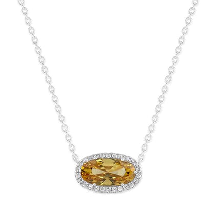 Belacqua Gemstone Necklace in Sterling Silver,Halo Pendant with Accent, Oval Cut 6 * 12mm, 15" Cable Chain with 2" Extender, Spring Ring Clasp, Dainty Birthstone Necklace for Women, Gift Box Included - color: 11-November-Citrine Amber Brown