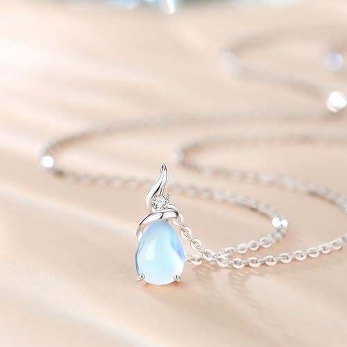FANCIME 14K Solid White Gold Birthstone Pendant Necklace for Women with Diamond Pear Shaped Teardrop Necklace Birthday Gifts for Mom Women,Sterling Silver Chain 16" + 2" Extender - color: 06-Moonstone
