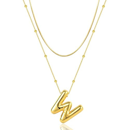 LUCA SMITH 2-Piece Initial Necklaces for Women, Dainty Balloon Bubble A-Z Letter Necklace Set, Name Letter Alphabet Pendant Layered Choker Necklaces Personalized Jewelry Gift - color: Gold bubble letter necklace, style: Initial Set-W