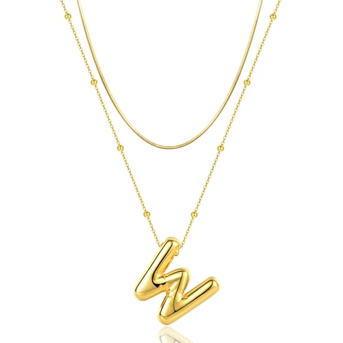 LUCA SMITH 2-Piece Initial Necklaces for Women, Dainty Balloon Bubble A-Z Letter Necklace Set, Name Letter Alphabet Pendant Layered Choker Necklaces Personalized Jewelry Gift - color: Gold bubble letter necklace, style: Initial Set-W