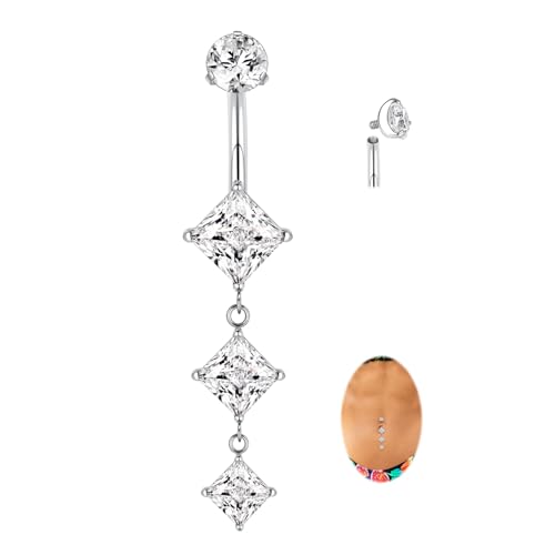 FUNLMO Dangle Belly Button Ring Titanium Belly Rings Belly Button Piercing Cube Zircon Internally Threaded Floating Navel Piercing Jewelry 14G 10mm - color: Silver,Clear CZ