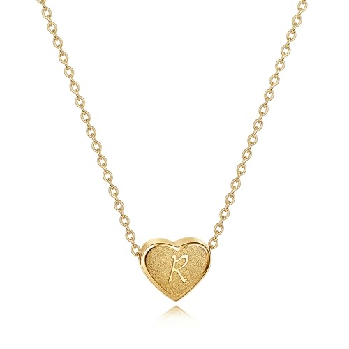 18k Gold Plated Heart Pendant Letter Necklaces for Girls Stainless Steel Initial Necklace for Women Birthday Gifts for Girls Women - color: Brushed Gold, style: Letter R
