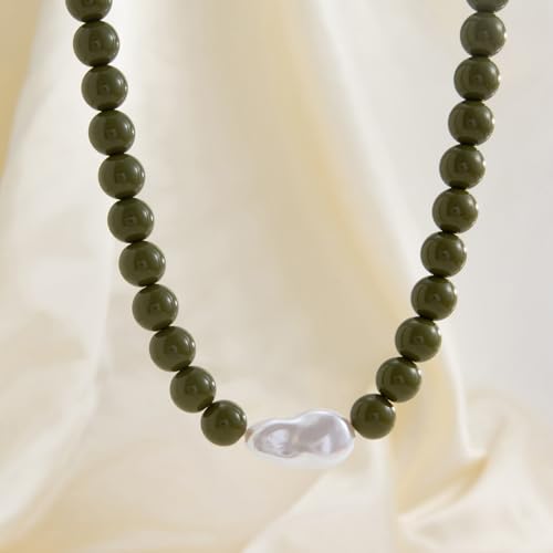 Colorful Faux Baroque Pearl Resin Beaded Choker Necklace Summer Tropical Jewelry for Women - color: Olive Green